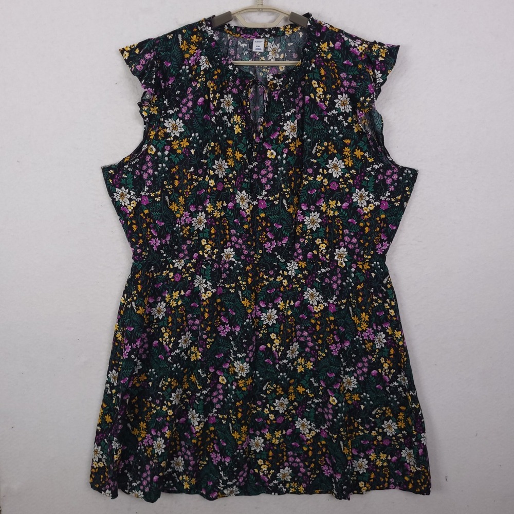 Old Navy Floral Mini Dress Womens XXL Black Purple Ruffle Flutter Sleeve Boho